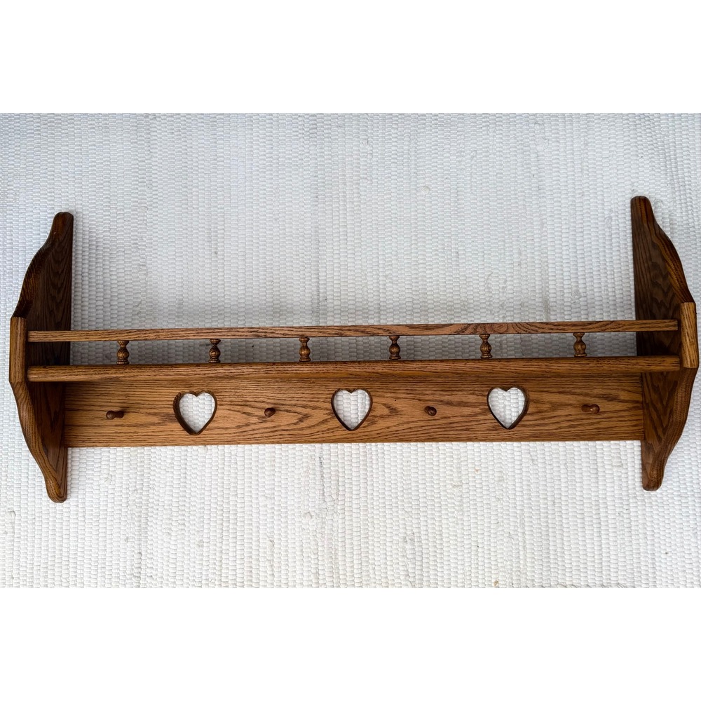 Vintage Solid Oak Heart Cutout Wall Shelf with Pegs and Spindle Gallery Rail